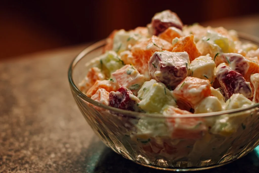 Ambrosia Salad with fruits and cream, a festive dessert dish