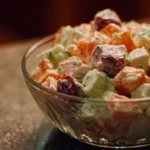 Ambrosia Salad with fruits and cream, a festive dessert dish