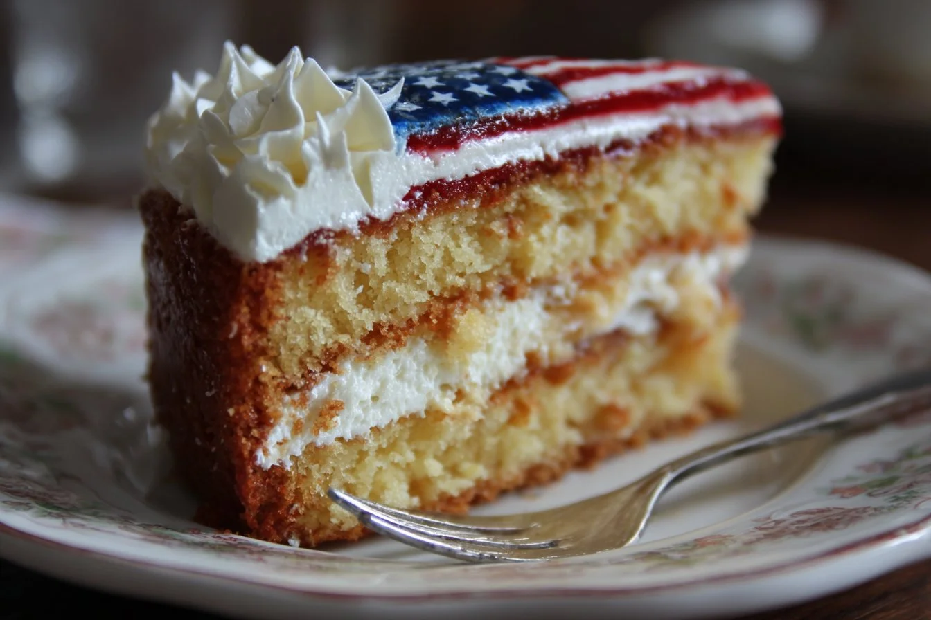 Delicious American Flag Cake decorated with red, white, and blue icing and berries.