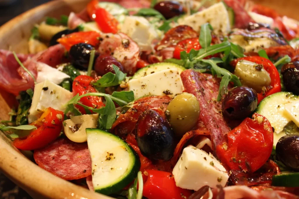 Fresh Antipasto Salad with olives, cheese, and vegetables