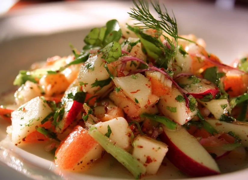 Fresh and colorful apple salad with mixed greens and crunchy toppings