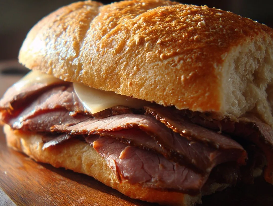 Delicious Arby's roast beef sandwich with tender slices of beef and fresh ingredients.