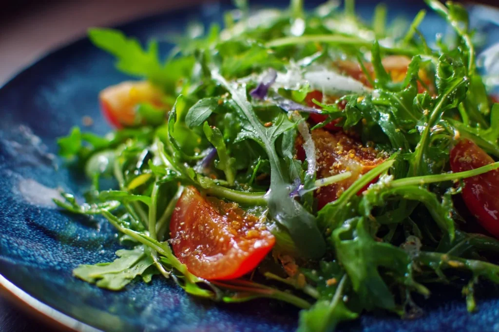 Fresh arugula salad with mixed vegetables and dressing