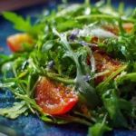 Fresh arugula salad with mixed vegetables and dressing