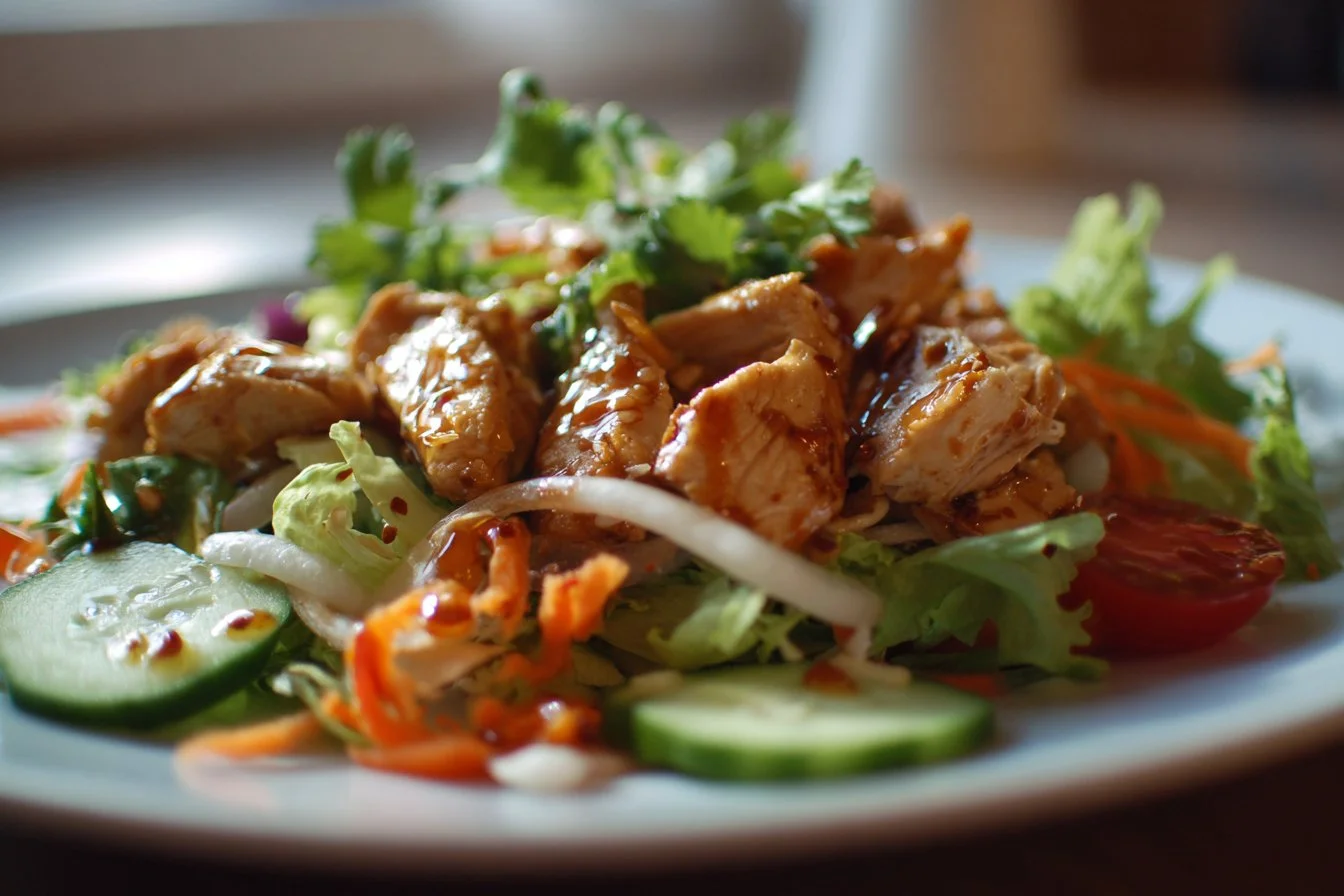 Bowl of fresh Asian Chicken Salad with vegetables and grilled chicken