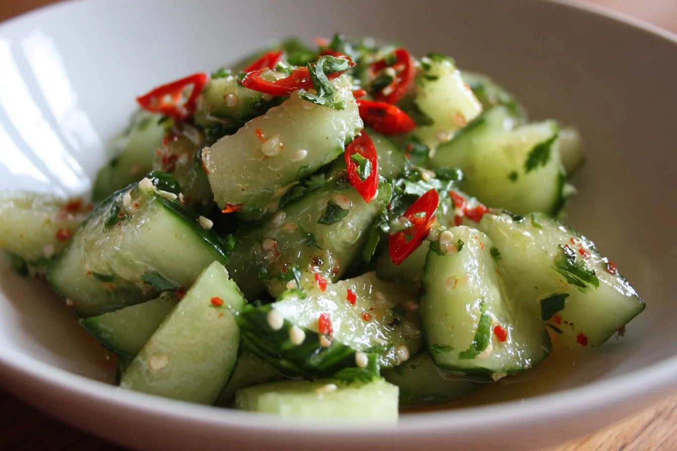 Delicious Asian cucumber salad served in a bowl with sesame seeds and herbs