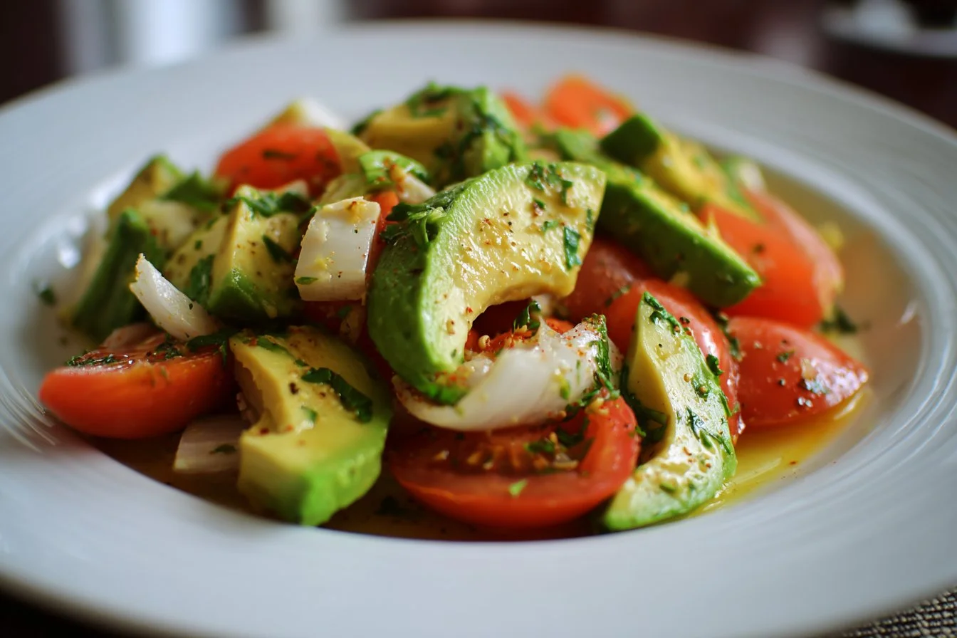 Delicious avocado salad with fresh vegetables and dressing