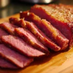 Deliciously baked corned beef served with sides on a plate
