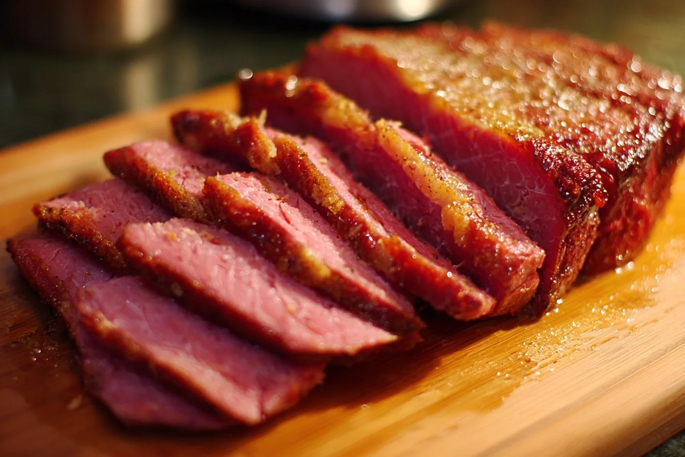 Deliciously baked corned beef served with sides on a plate