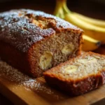 Homemade banana bread loaf with slices on a wooden cutting board