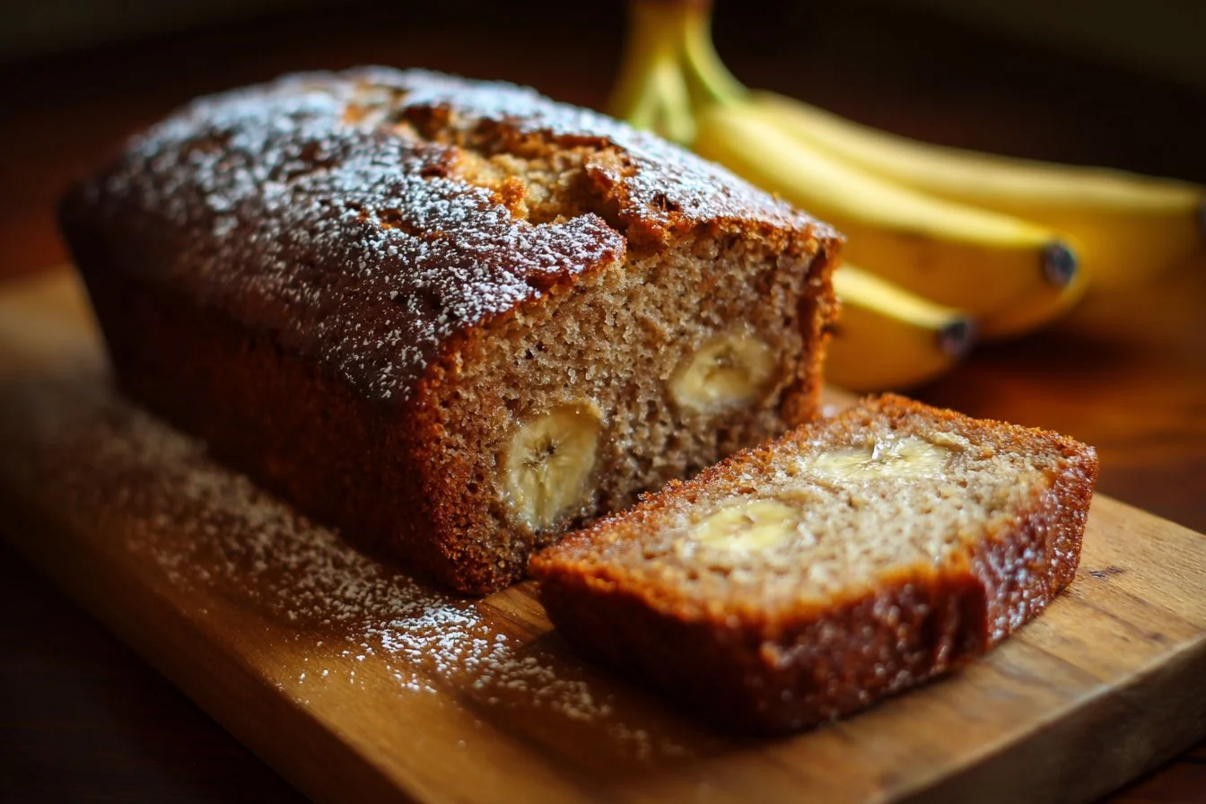 Homemade banana bread loaf with slices on a wooden cutting board