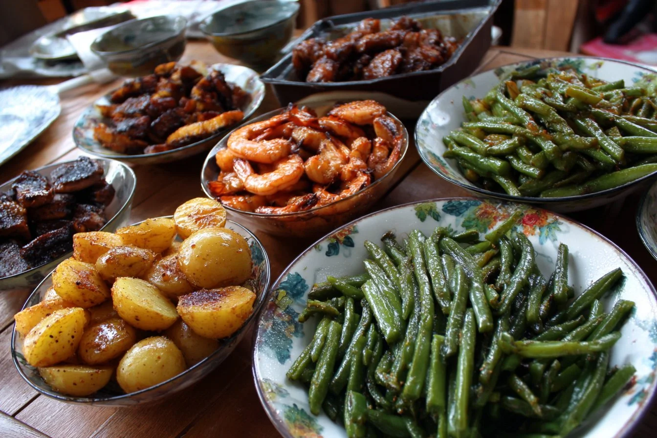 A variety of colorful BBQ side dishes including coleslaw, corn salad, and baked beans.