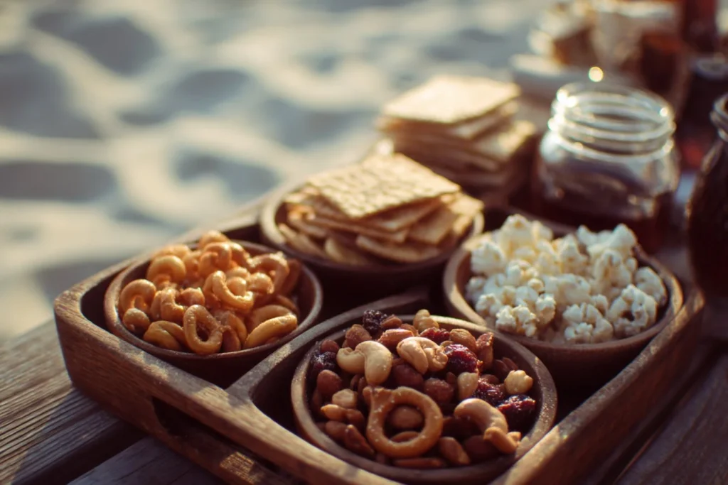 Variety of beach snacks on a sandy beach for a sunny day outing
