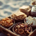 Variety of beach snacks on a sandy beach for a sunny day outing