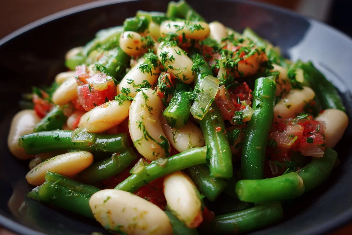 Colorful bean salad with fresh vegetables and herbs in a bowl.