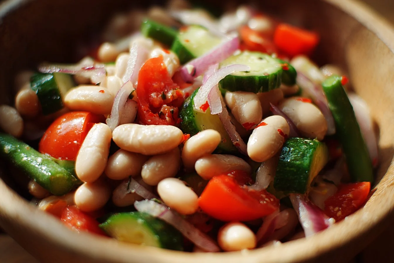 Colorful bean salad with various vegetables and dressing in a bowl