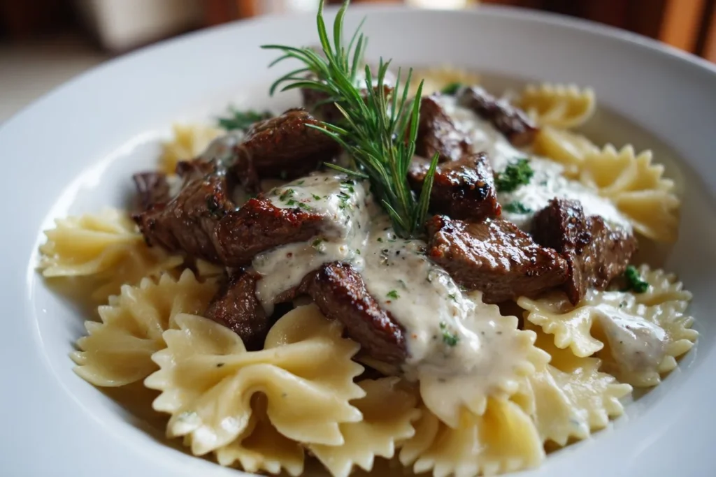 Beef and Bowtie Pasta served with creamy Alfredo sauce on a plate
