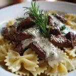 Beef and Bowtie Pasta served with creamy Alfredo sauce on a plate