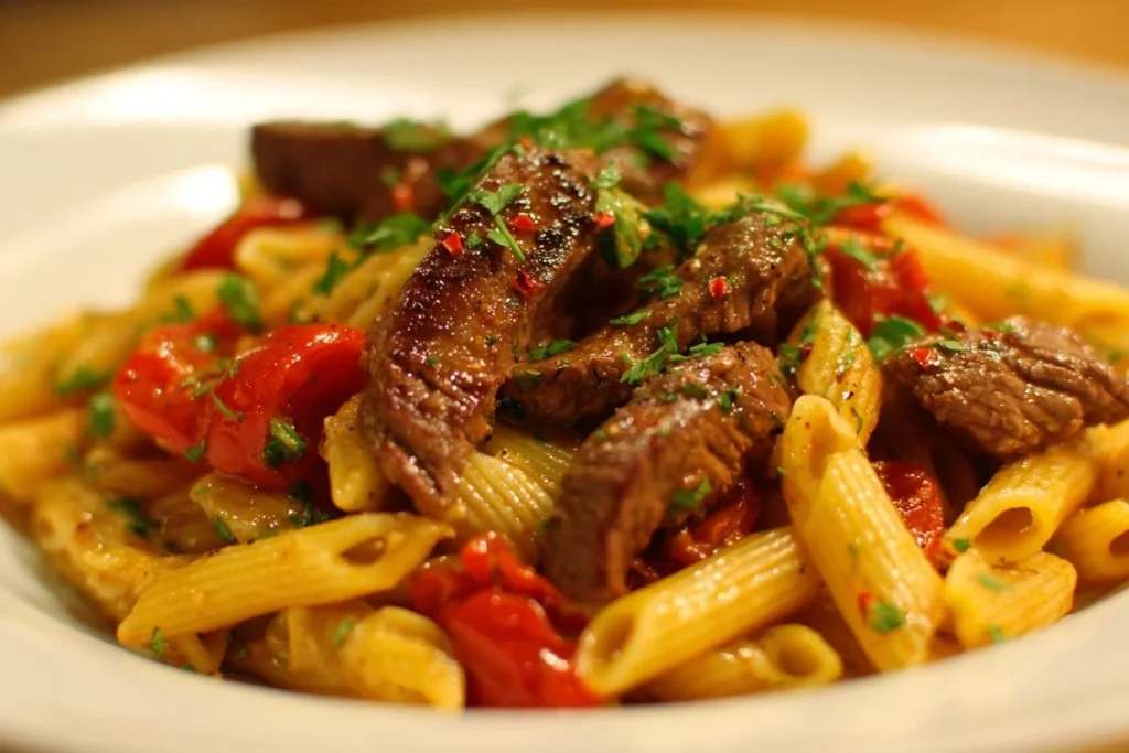 A plate of delicious beef pasta topped with herbs and cheese