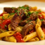 A plate of delicious beef pasta topped with herbs and cheese