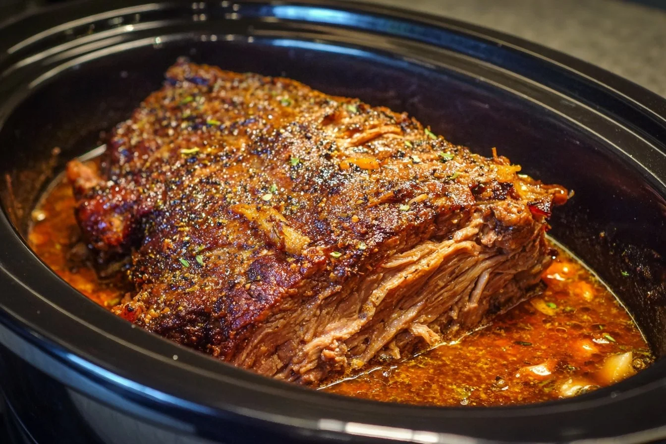 Delicious beef brisket cooked in a crock pot, served with sides.