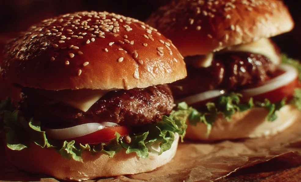 Delicious homemade beef burgers on a rustic wooden table.