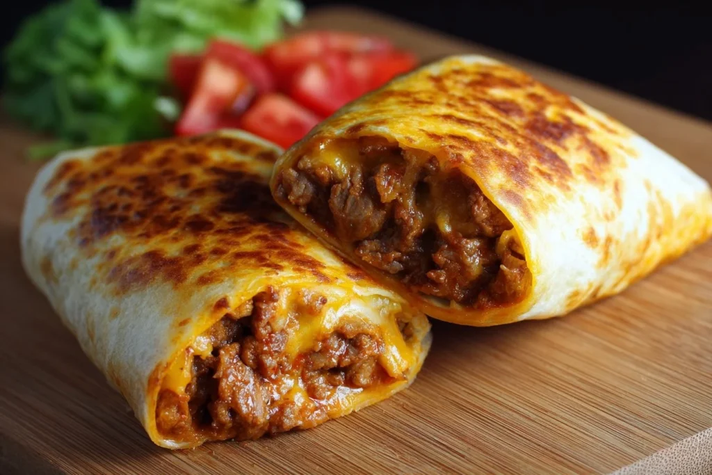 Beef burrito stuffed with seasoned meat, rice, beans, and fresh toppings.