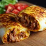Beef burrito stuffed with seasoned meat, rice, beans, and fresh toppings.
