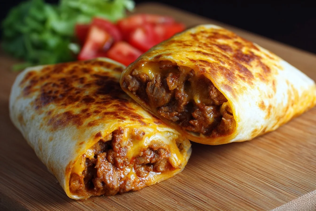 Beef burrito stuffed with seasoned meat, rice, beans, and fresh toppings.