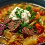 A bowl of savory Beef Cabbage Soup garnished with fresh herbs