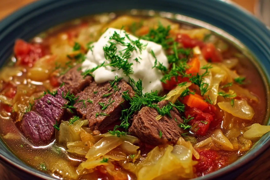 A bowl of savory Beef Cabbage Soup garnished with fresh herbs