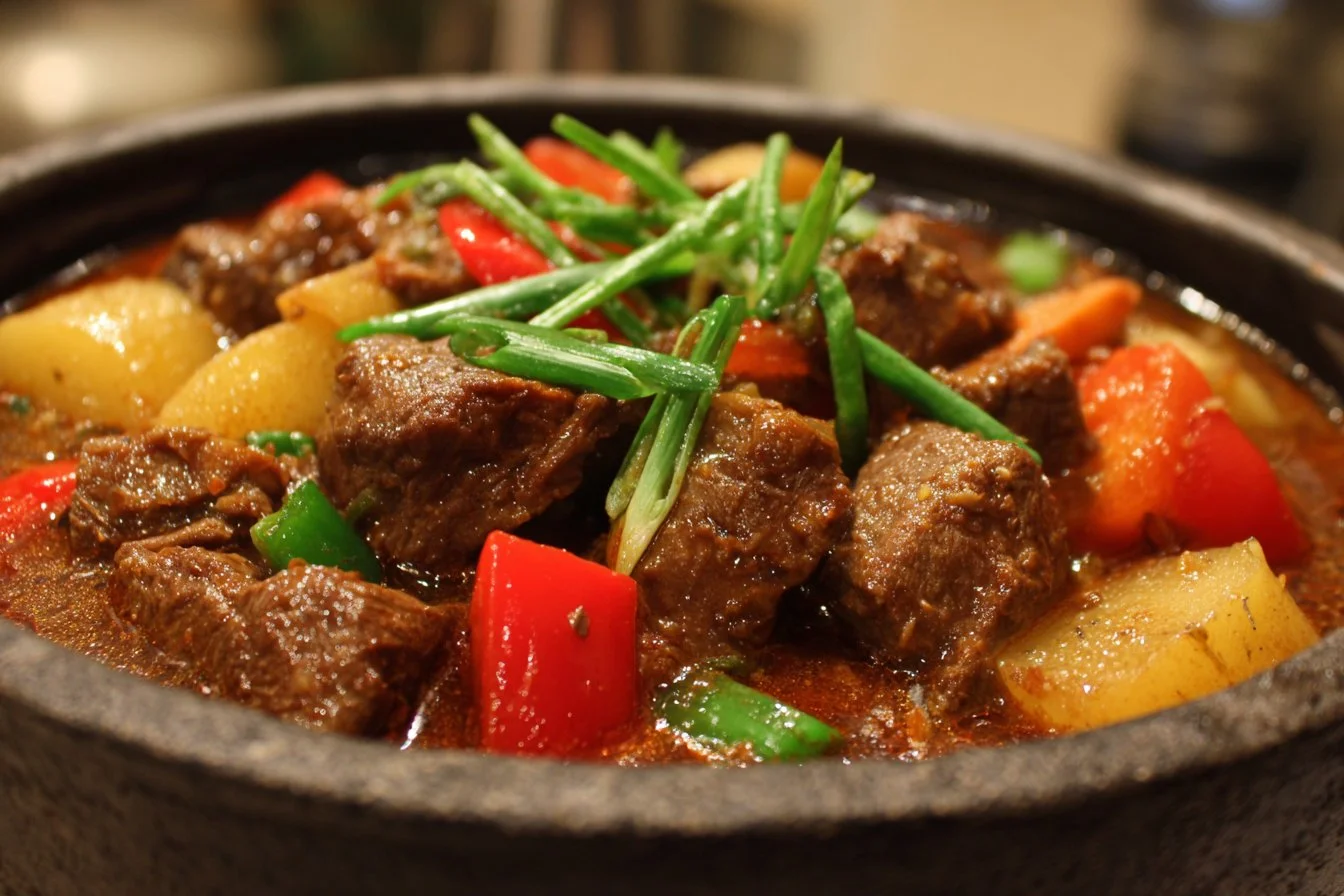 A hearty bowl of Beef Caldereta, a rich Filipino beef stew with vegetables.
