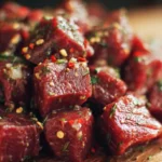 Tender beef cubes ready for cooking in a savory recipe.
