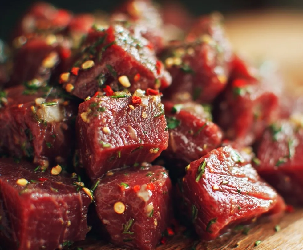 Tender beef cubes ready for cooking in a savory recipe.
