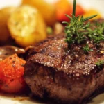 Delicious beef dinner served with sides and garnishes