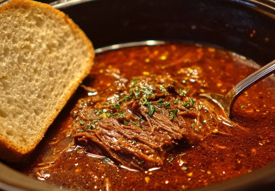 Slow-cooked beef dip sandwich served with au jus in a crock pot