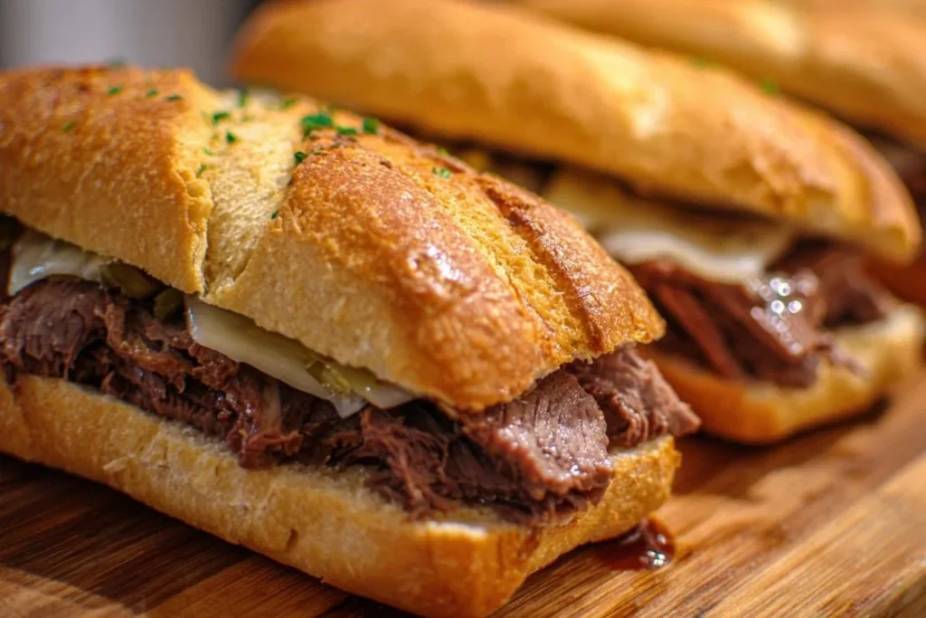 Savory beef dip sandwich served with au jus for dipping