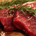 Perfectly cooked Beef Eye of Round Steak served with herbs and vegetables.