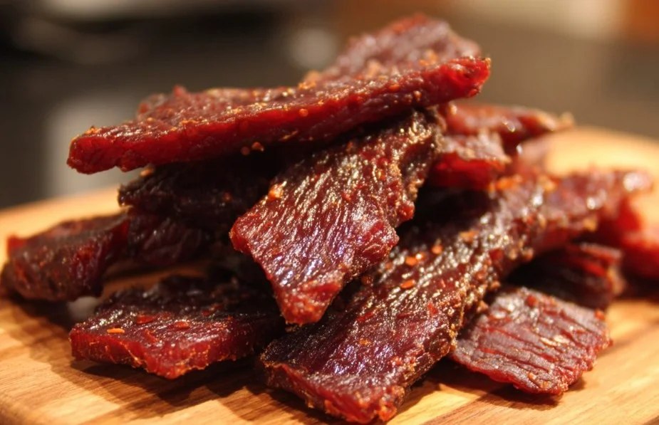 Homemade beef jerky marinating in a savory blend of spices and seasonings.