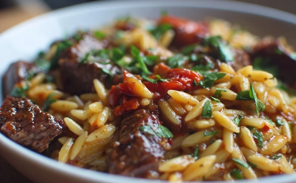 A delicious dish of Beef Orzo served in a bowl with herbs and spices.