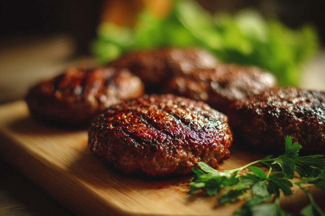 Plate of homemade beef patties ready to serve with traditional toppings.