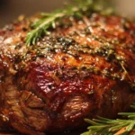 Juicy beef shoulder roast served with vegetables and herbs