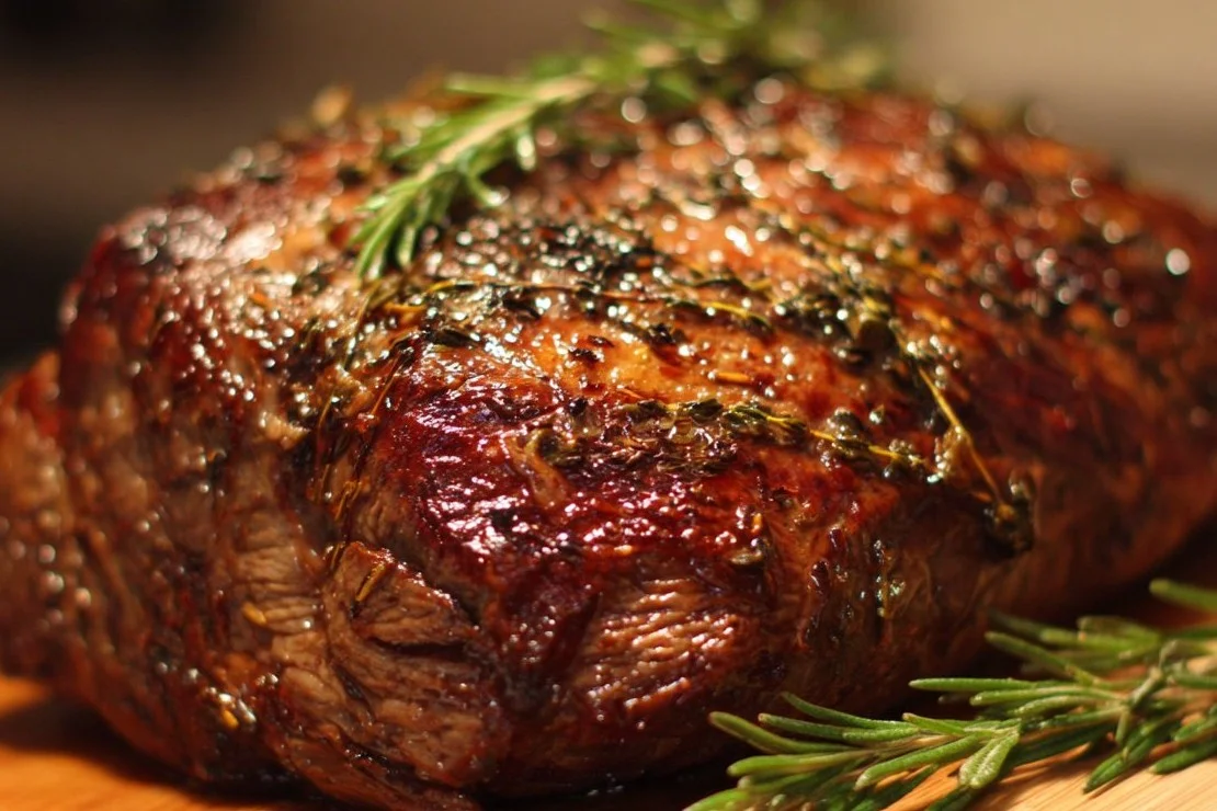 Juicy beef shoulder roast served with vegetables and herbs