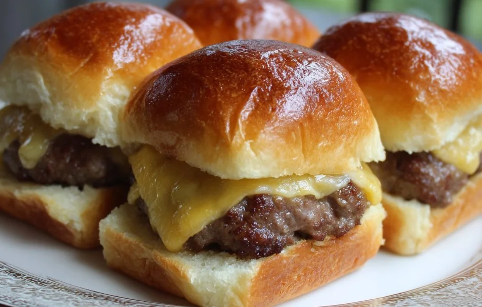 Beef sliders served on Hawaiian rolls with toppings