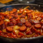 Delicious Beef Smoked Sausage Skillet dish served on a plate