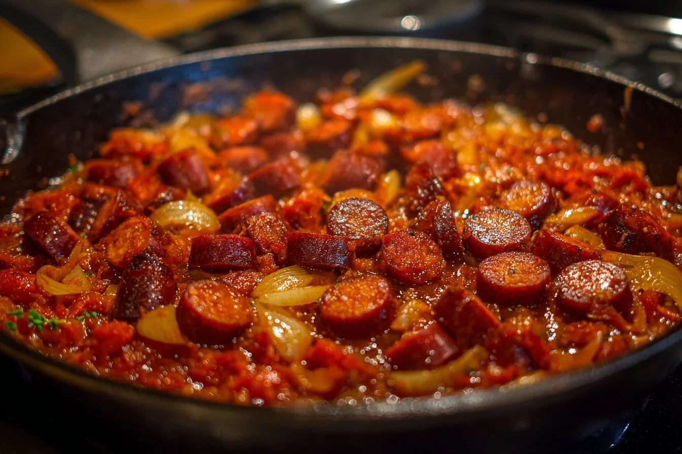 Delicious Beef Smoked Sausage Skillet dish served on a plate