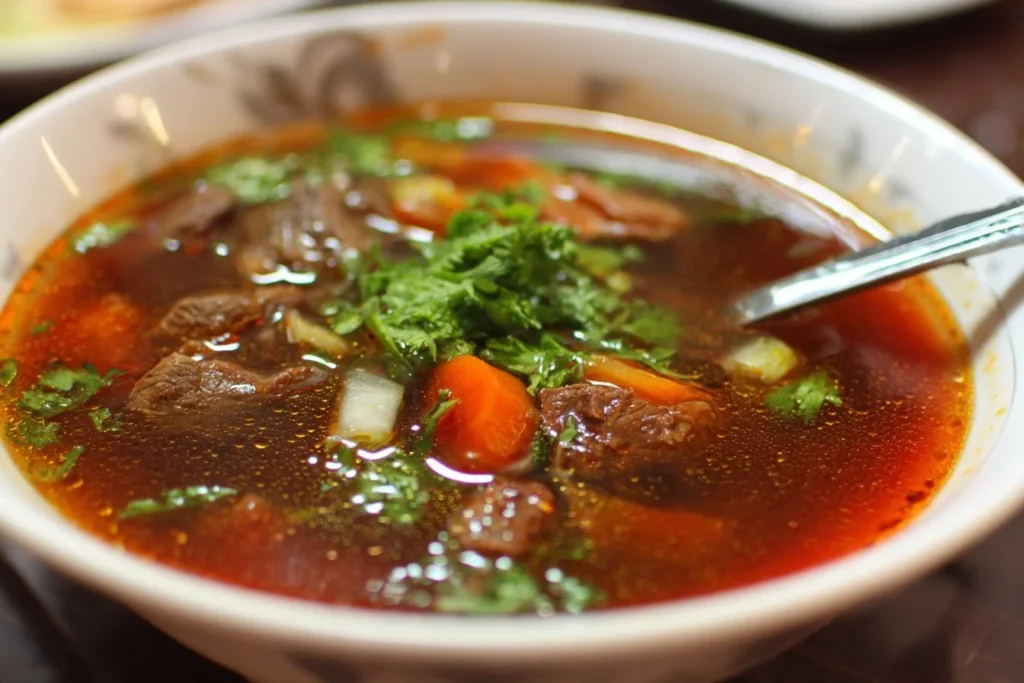 A bowl of hearty beef soup garnished with herbs and vegetables.