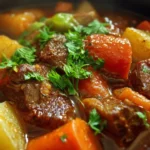 Delicious bowl of hearty beef stew garnished with herbs and vegetables
