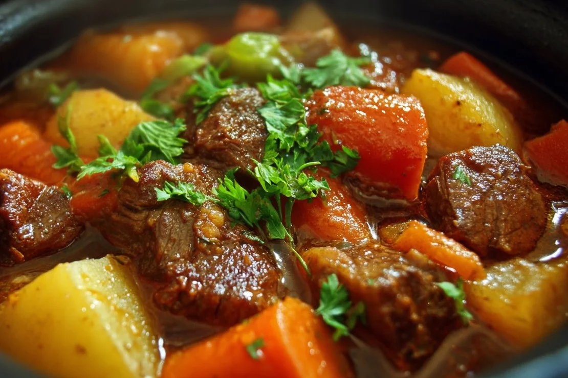 Delicious bowl of hearty beef stew garnished with herbs and vegetables