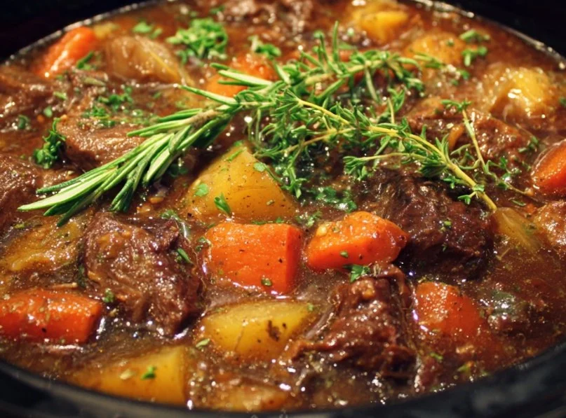 Delicious crockpot beef stew with vegetables and herbs, perfect for cozy meals.